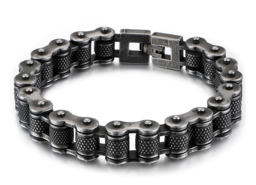 Stainless Steel 316L Bike Chain Bracelet with rollers - Gun Metal Finish 14mm Width - RAREBoutiques