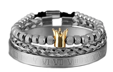 Stainless Steel Unisex  Crown / Roman numerals - Bracelet Set 3 Pieces ( Gold Crown )