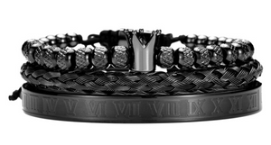 Stainless Steel Unisex  Crown / Roman numerals - Bracelet Set 3 Pieces ( Black Finish )