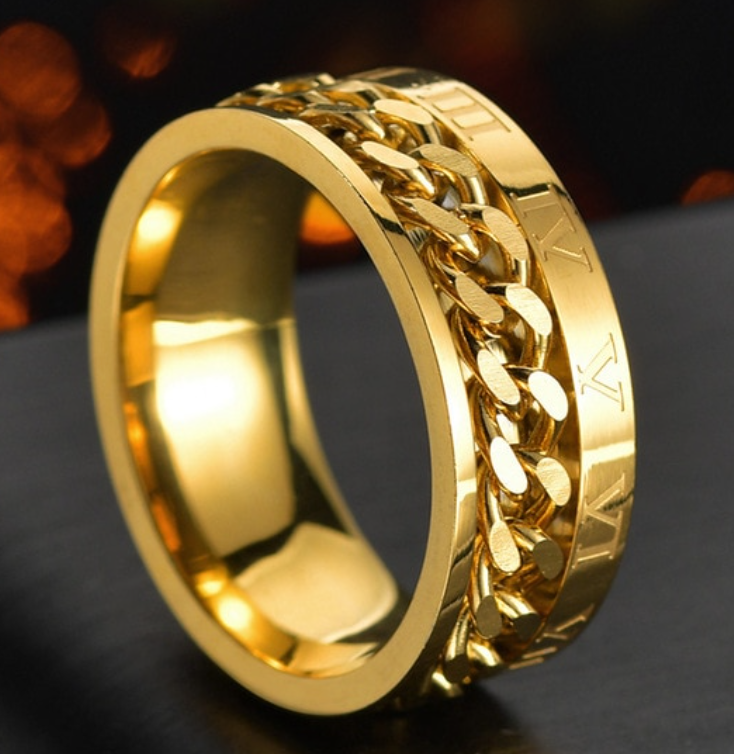 Gold  Roman numeral Stainless Steel Band - Spinner Cuban Link Ring