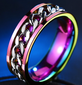 Rainbow Stainless Steel Band - Spinner Cuban Link Ring