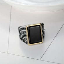 Mens Black Stone Stainless Steel Ring with CZ settings
