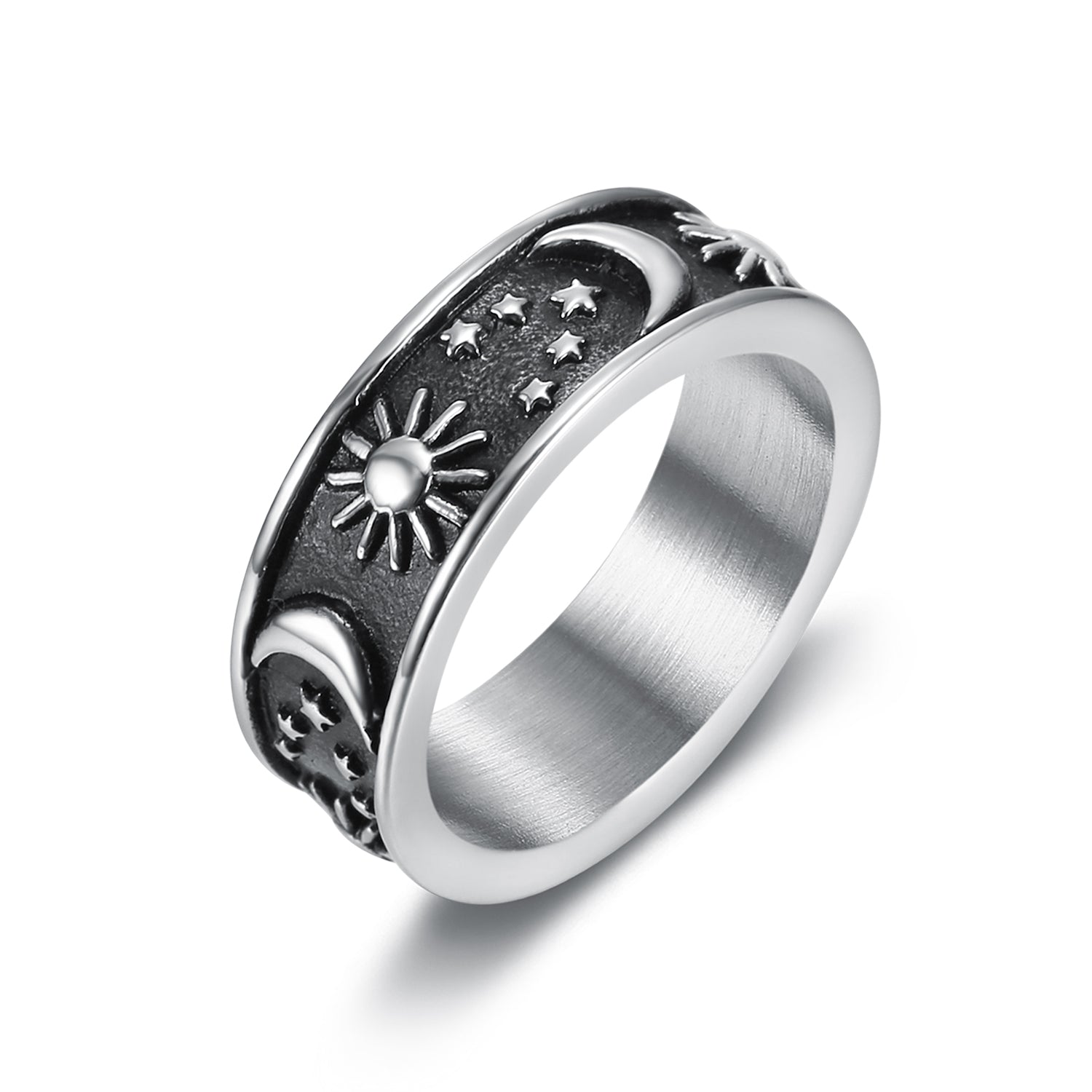 Uni-Sex Stainless Steel Moon & Stars Band Ring