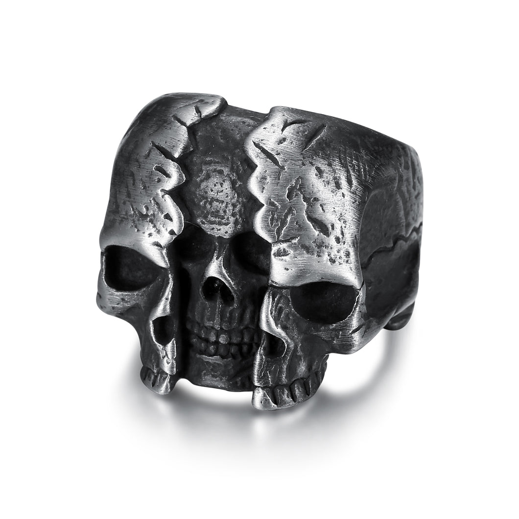 Stainless Steel Gun Metal Finish Cracked Skull Ring